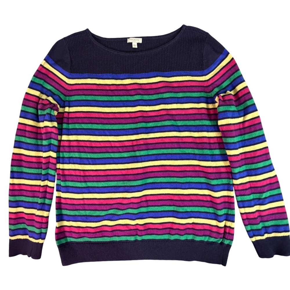 Talbots‎ Striped Sweater Blue Yellow Pink Green Purple Boat Neck Pullover Size L